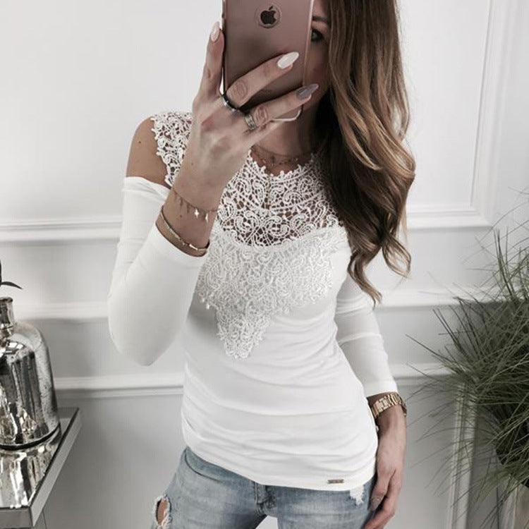 Lace Slim Scoop Patchwork Long Sleeves Cut Out Blouse