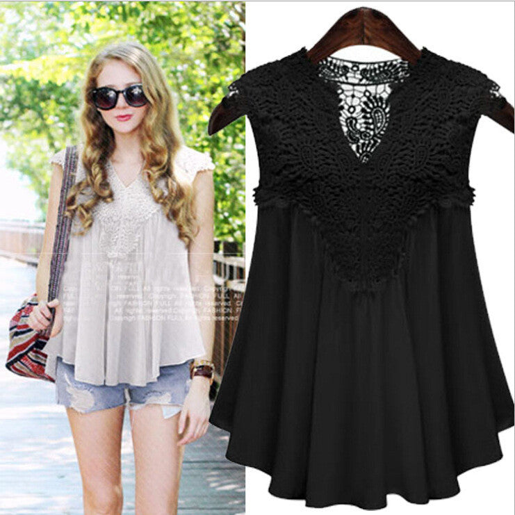 V-neck Sleeveless Lace Patchwork Drop Hem Chiffon Blouse