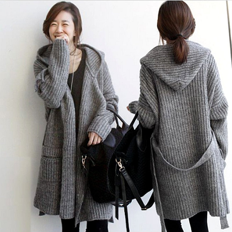 Pure Color Long Sleeves Pockets Long Hooded Cardigan