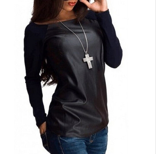 Pu Patchwork Scoop Long Sleeves Slim Blouse