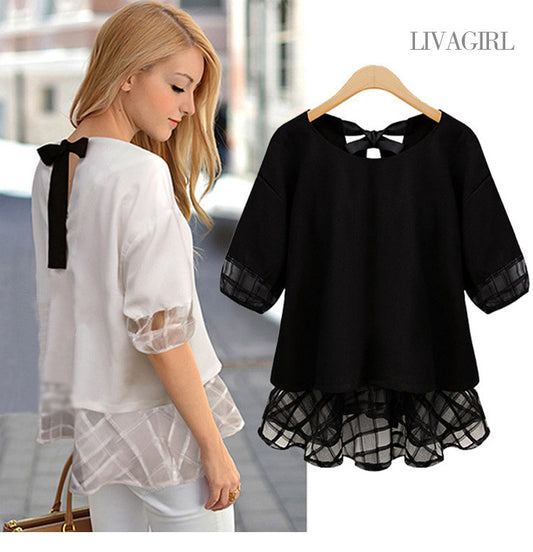 Scoop Pure Color Chiffon Patchwork Short Sleeves Blouse