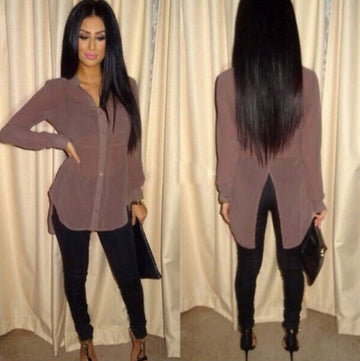 V-neck Long Sleeves Simple Split Casual Blouse