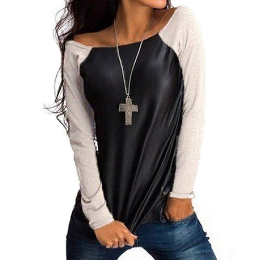 Pu Patchwork Scoop Long Sleeves Slim Blouse