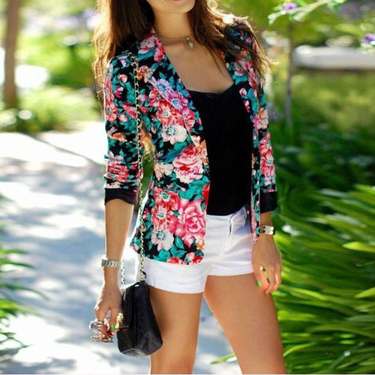 Fashion Flower Print Slim Short Blazers