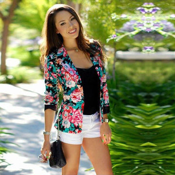 Turn-down Collar Slim Flower Print Fashion Short Coat