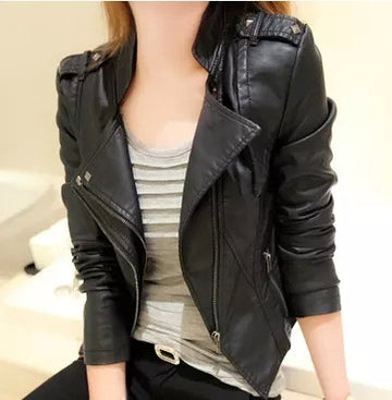 Stand Collar Rivet Oblique Zipper Slim Crop Jacket