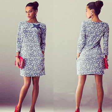 Fashion Star Print Long Sleeve Short Slim Dress