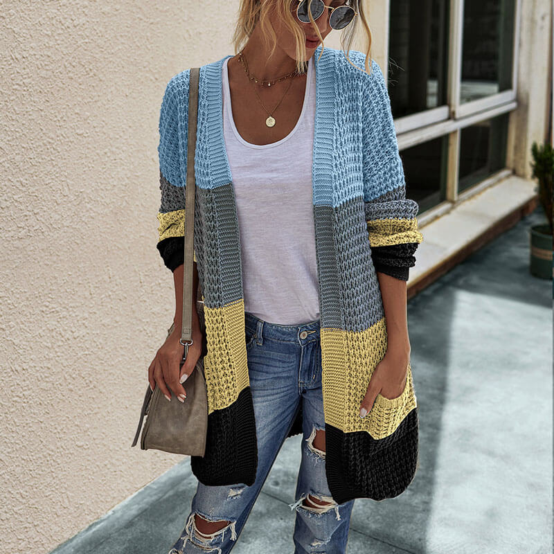 Open Front Knitted Colorblock Sweater Cardigan