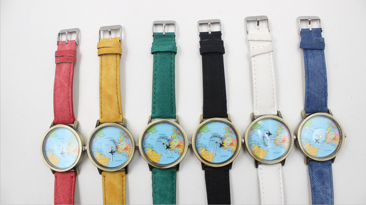 Denim Print Strap Map Plane Watch