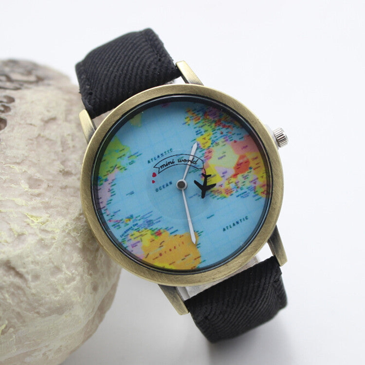 Denim Print Strap Map Plane Watch