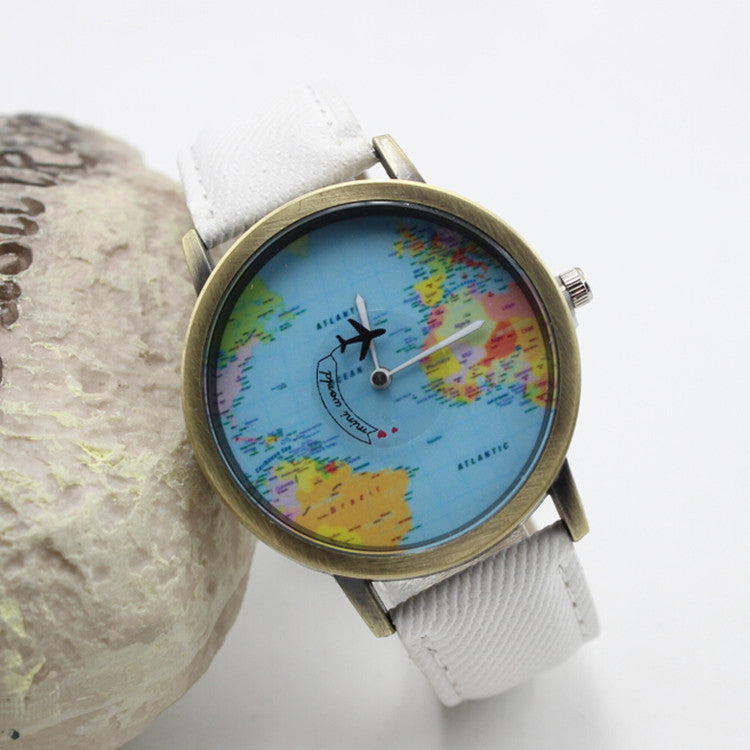 Denim Print Strap Map Plane Watch