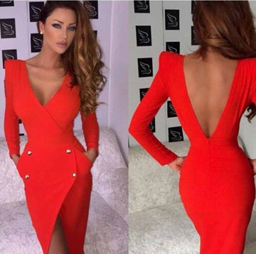 Deep V-neck Backless Sheath Long Sleeves irregular Dress - Meet Yours Fashion - 2