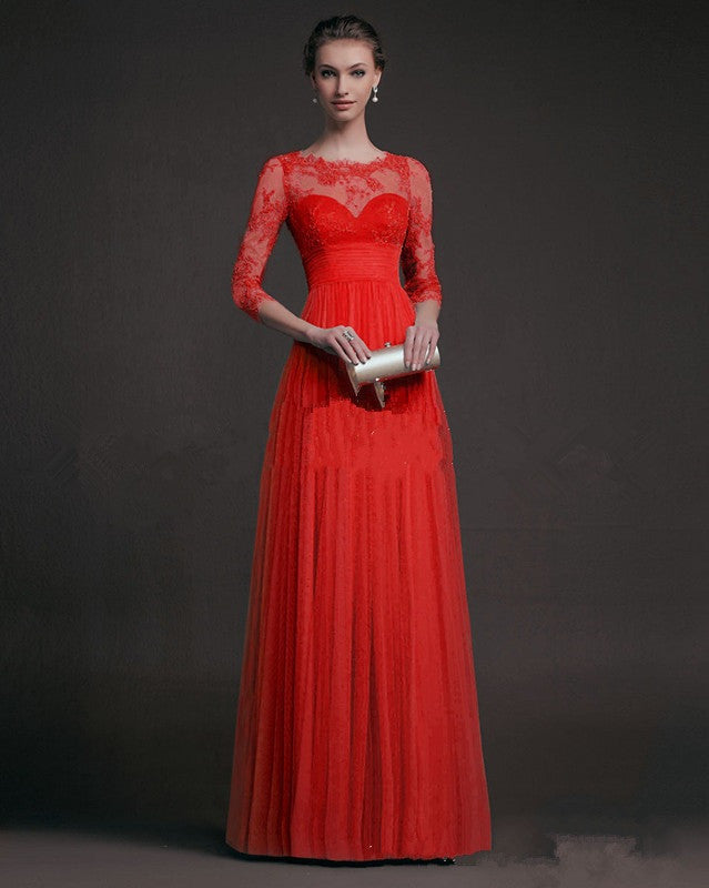 Beautiful 3/4 Sleeve Lace Pleated Long Party Dress