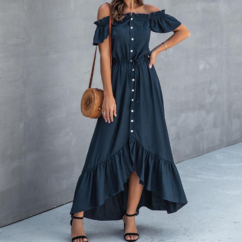 Off Shoulder Low High Soild Long Dress