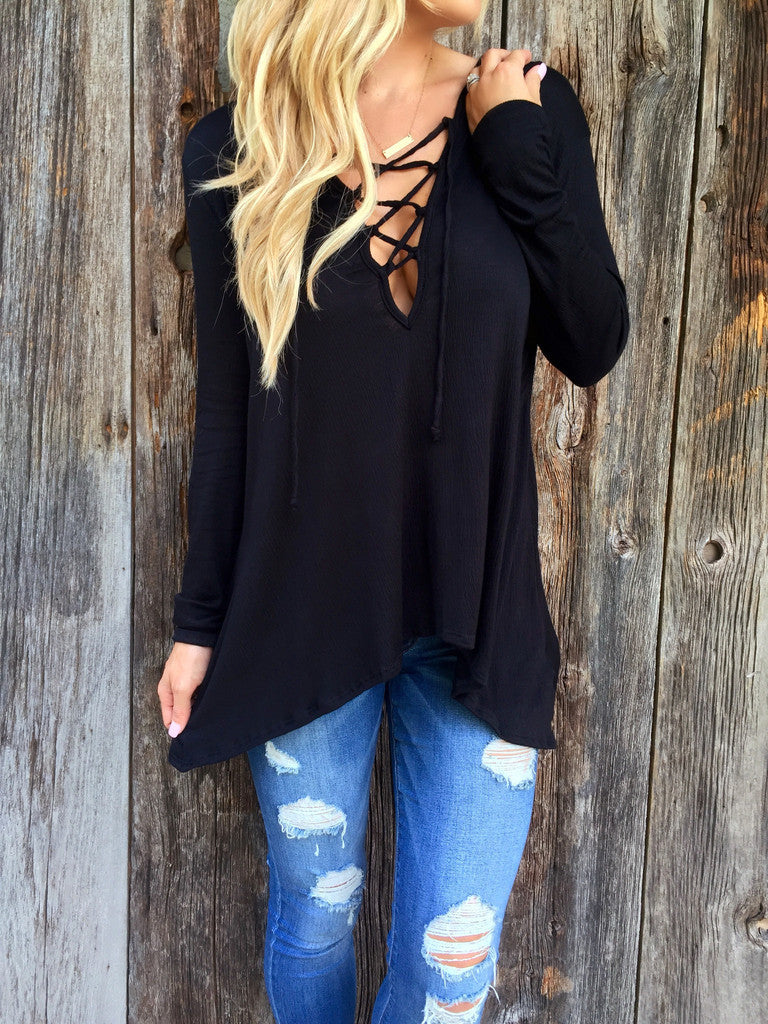 Cross Strap Neckline Irregular Long Sleeves Loose Hooded Blouse