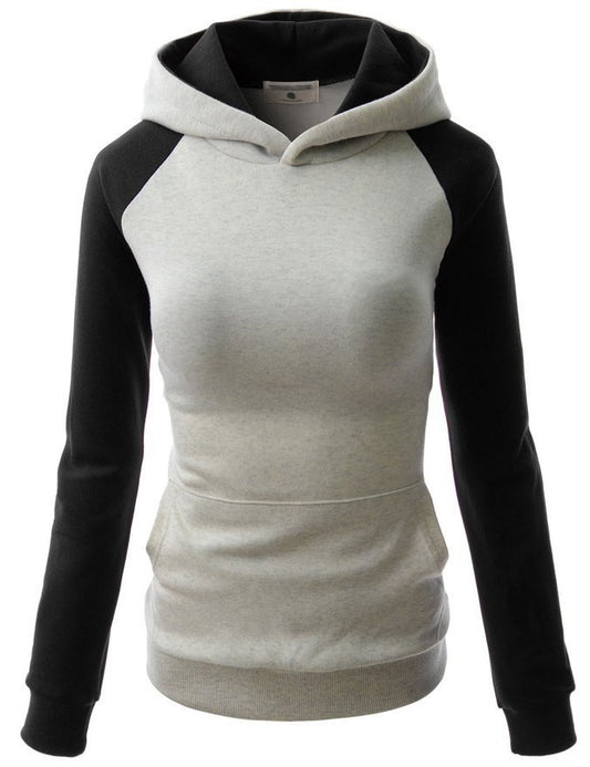 Splicing Hooded Pocket Contrast Color Slim Hoodie