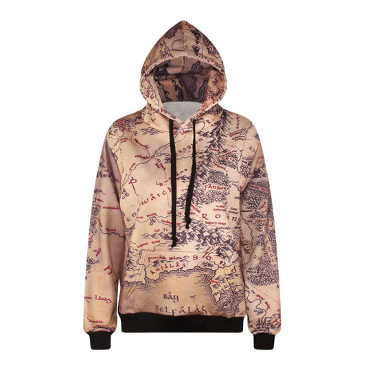 Retro Map Print Drawstring Regular Hoodie