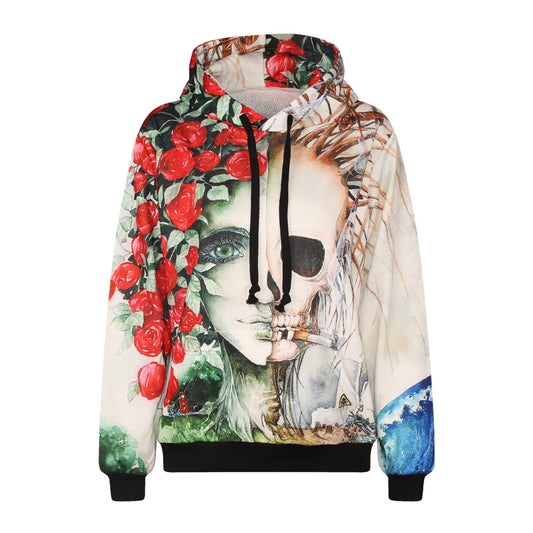 Rosy and Skull Print Drawstring High Neck Slim Hoodie