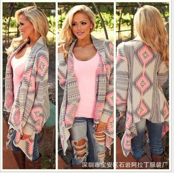 Shawl Collar Asymmetric Print Cardigan Sweater