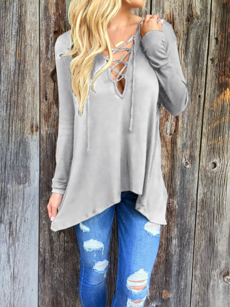 Cross Strap Neckline Irregular Long Sleeves Loose Hooded Blouse