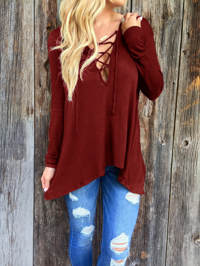 Cross Strap Neckline Irregular Long Sleeves Loose Hooded Blouse