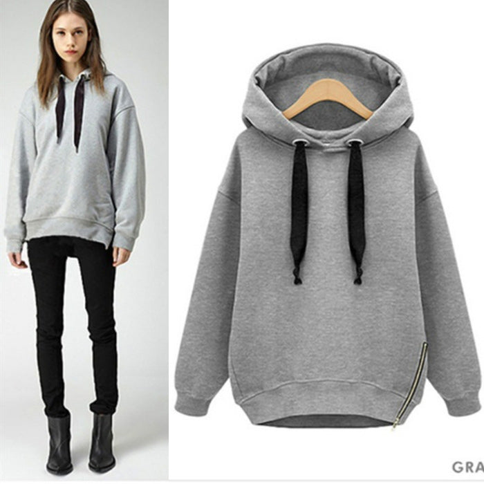 Side Zipper Solid Color Long Loose Hoodie