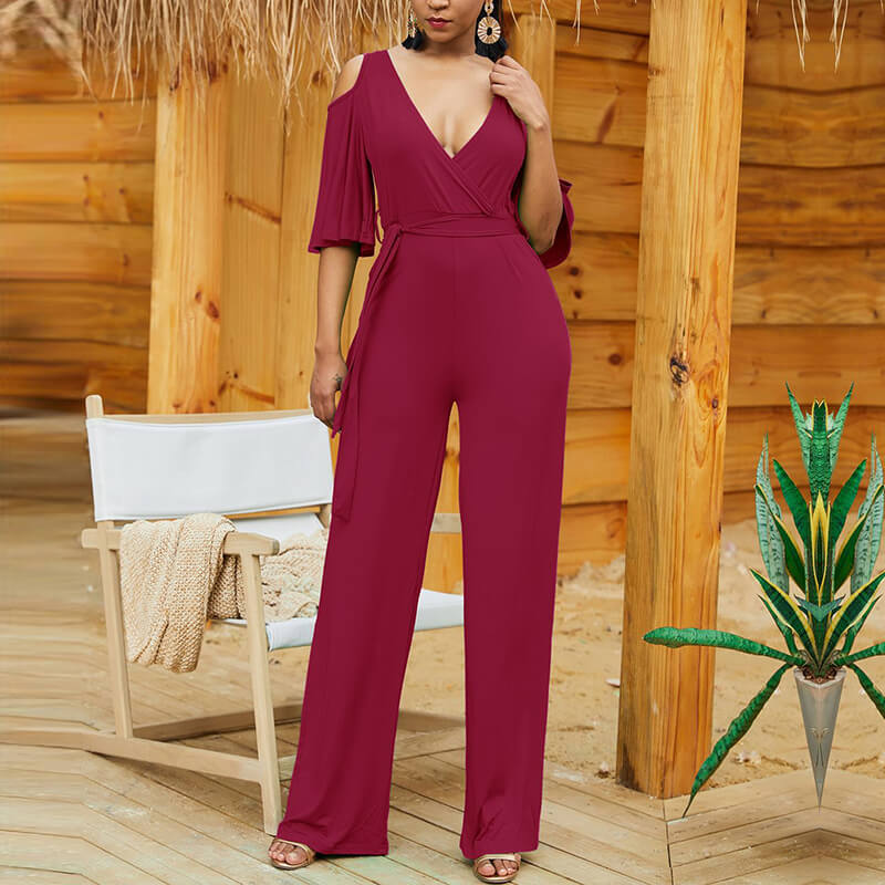 Bright Color Cold Shoulder Wide Leg Jumpsuit