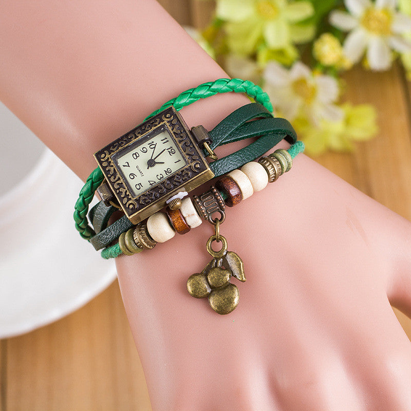 Retro Square Dial Cherry Bracelet Watch