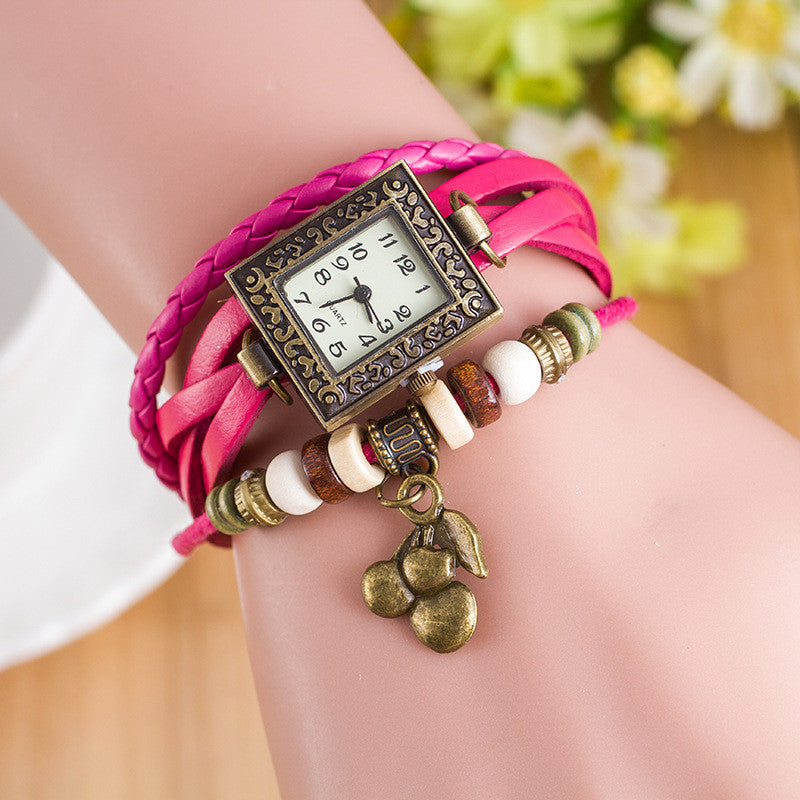 Retro Square Dial Cherry Bracelet Watch