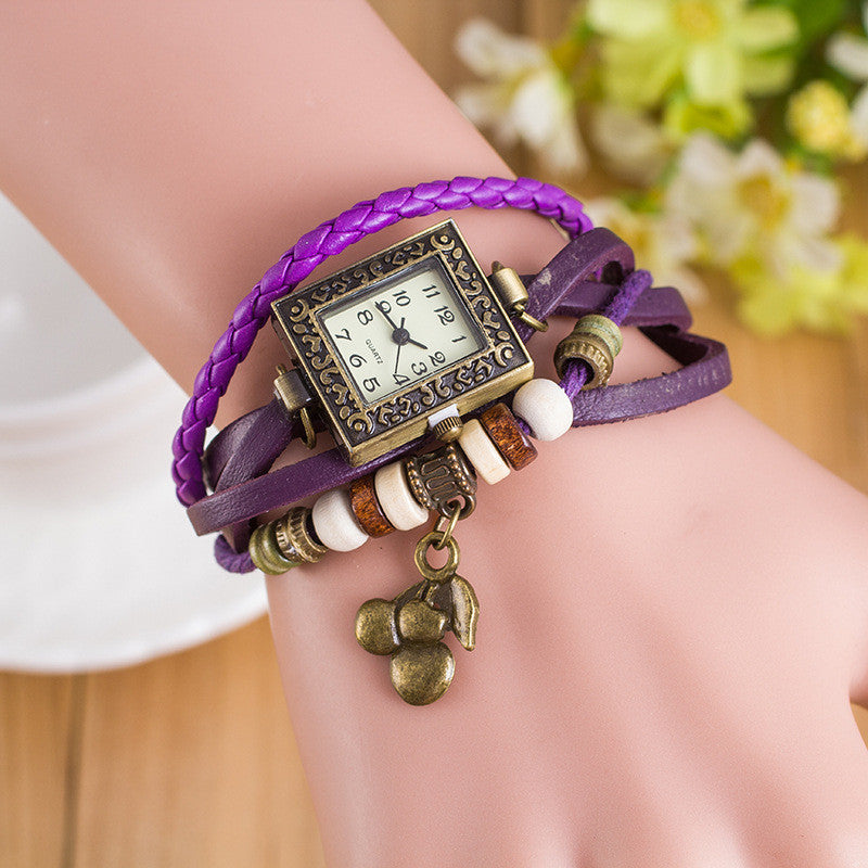 Retro Square Dial Cherry Bracelet Watch