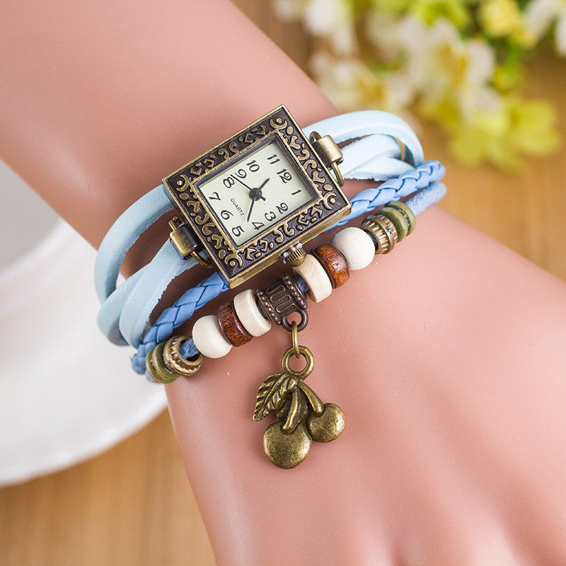 Retro Square Dial Cherry Bracelet Watch