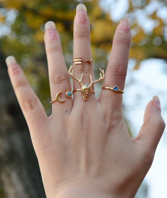 Deer Head Triangle Moon Free Combination Ring Set