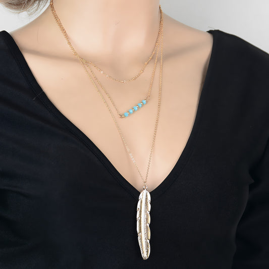 Crystal Beads Metal Feather Tassels Multilayer Necklace