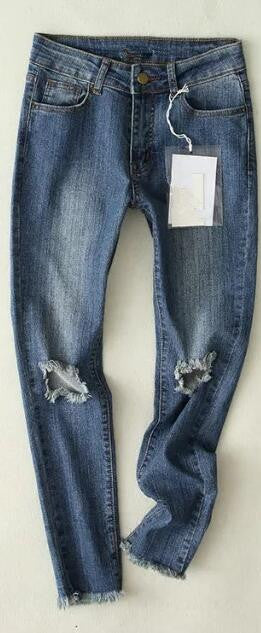 High Waist 9/10 Ripped Big Holes Pencil Blue Jeans