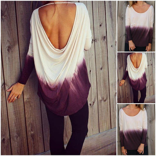 Gradually Changing Colors Backless Loose Long Sleeves Blouse