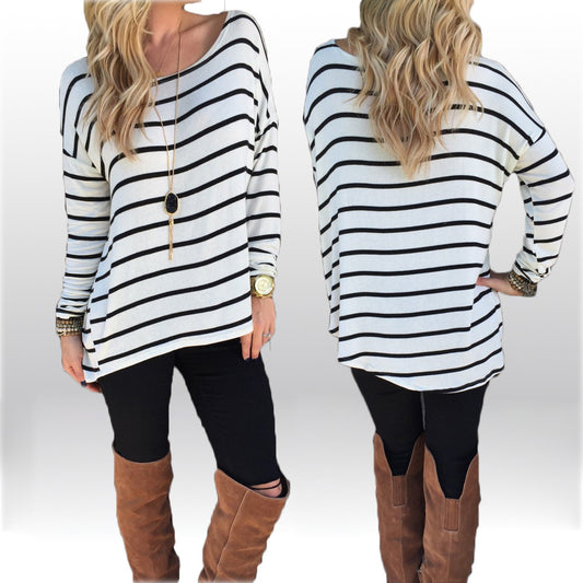 Striped Long Sleeves Scoop Casual Long Blouse