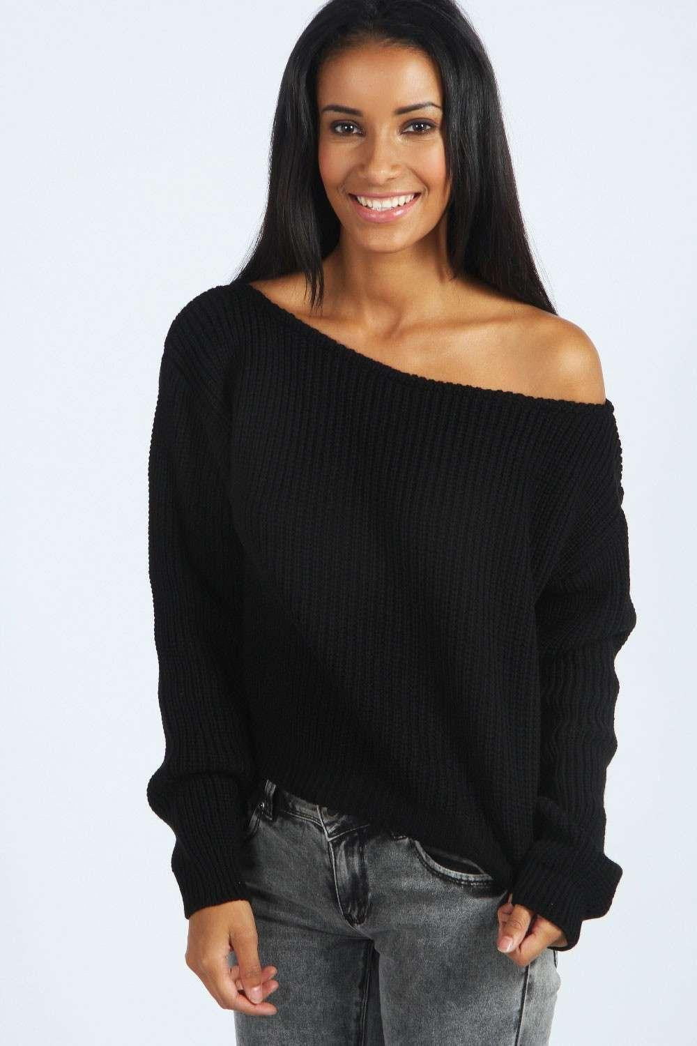 Off Shoulder Pullover Knit Loose Pure Color Sweater