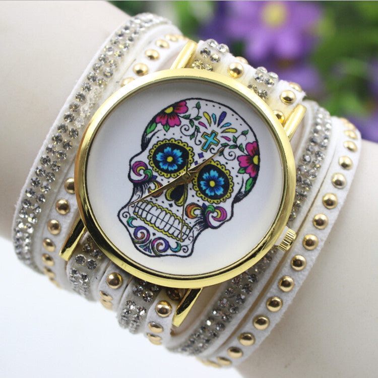 Beautiful Flower Skull Lint Bracelet Watch