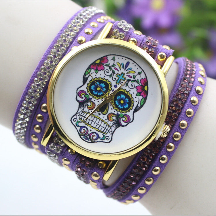 Beautiful Flower Skull Lint Bracelet Watch