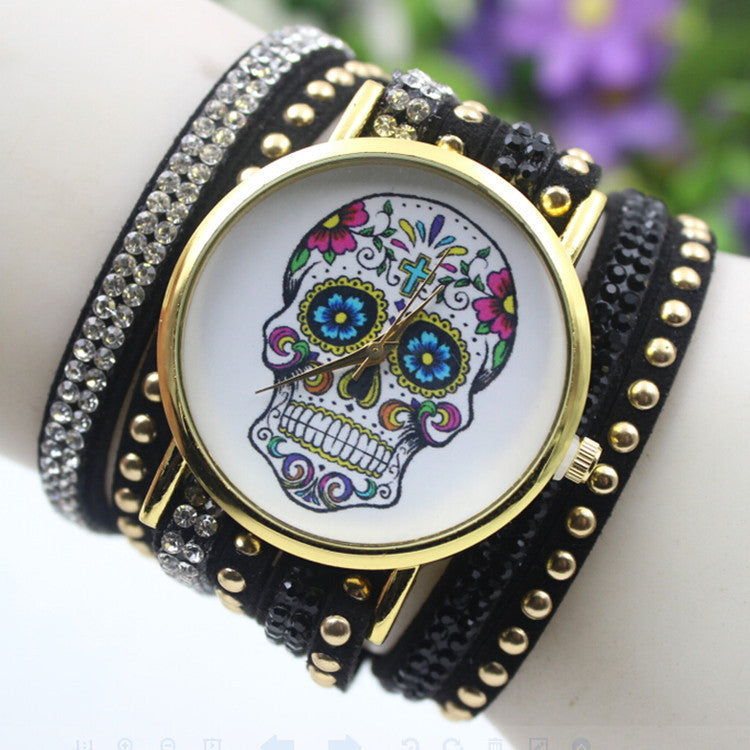 Beautiful Flower Skull Lint Bracelet Watch