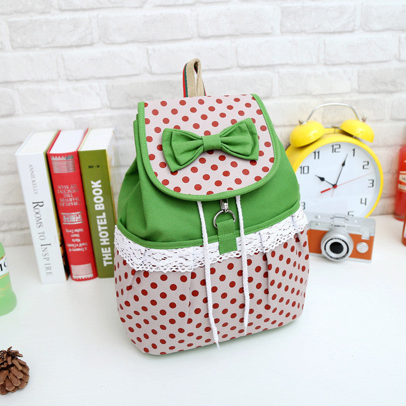 Lovely Bowknot Polka Dot Canvas Bucket Drawstring School Backpack