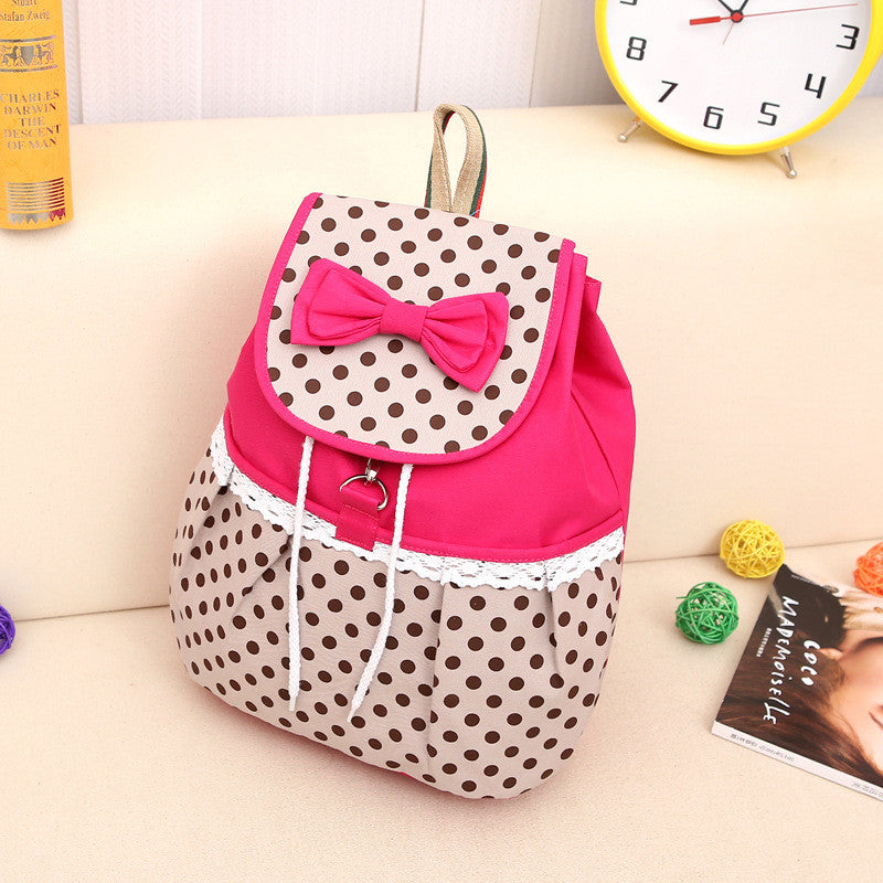 Lovely Bowknot Polka Dot Canvas Bucket Drawstring School Backpack