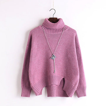 High Neck Solid Knit Pullover Short Split Sweater