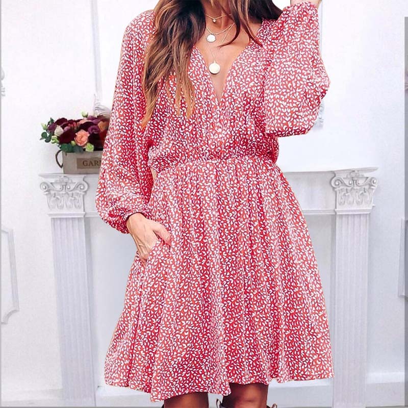 Floral V Neck Lantern Sleeve Short Dress