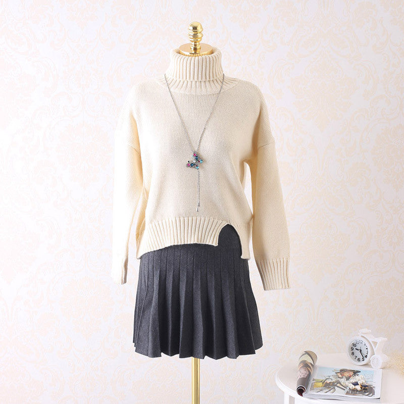 High Neck Solid Knit Pullover Short Split Sweater