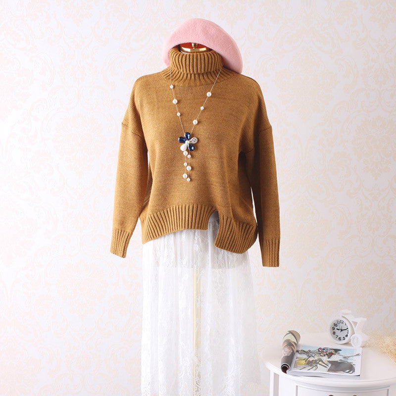 High Neck Solid Knit Pullover Short Split Sweater