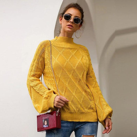 Mock Neck Loose Geometric Knit Sweater