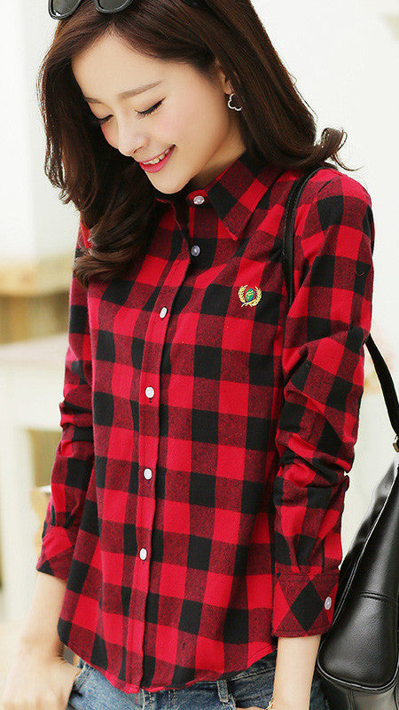 Plaid Turn-down Collar Flower Print Long Sleeves Slim Button Blouse