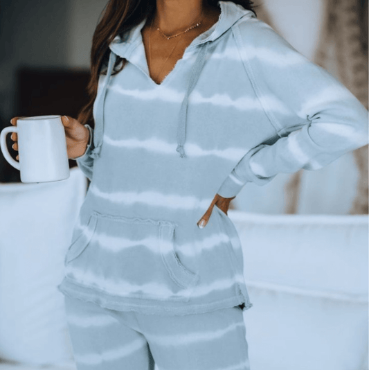 Pajamas Blue Stripes Long Sleeve Bandage Hooded Two Pieces Set