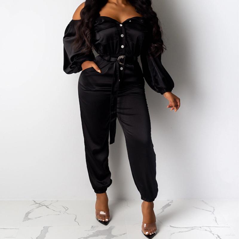 Party Long Sleeves Off Shoulder Belt High Waist Jumpsuits